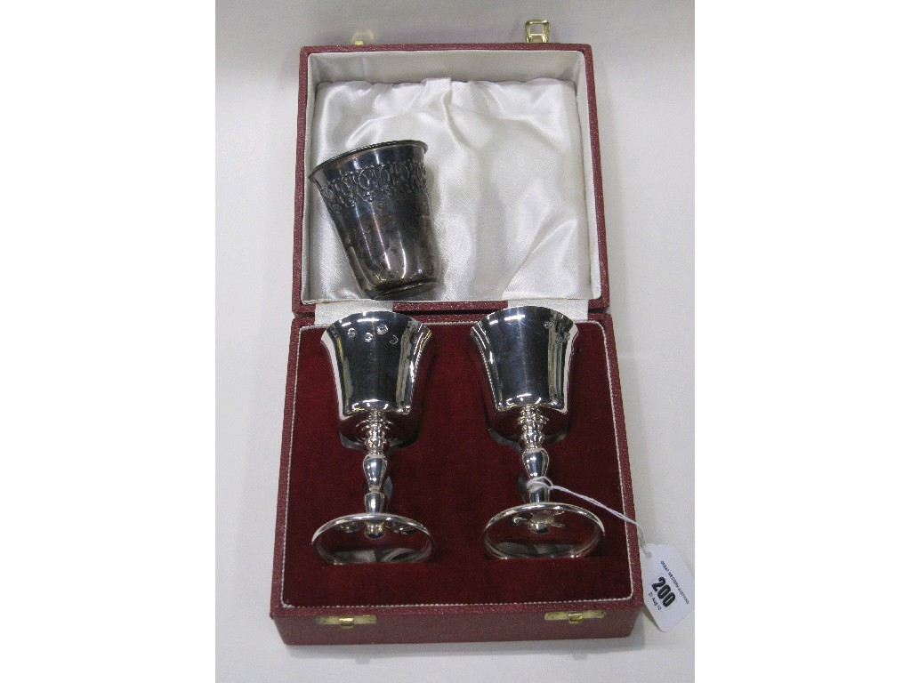 Appraisal: Lot comprising cased pair of silver goblets and a white