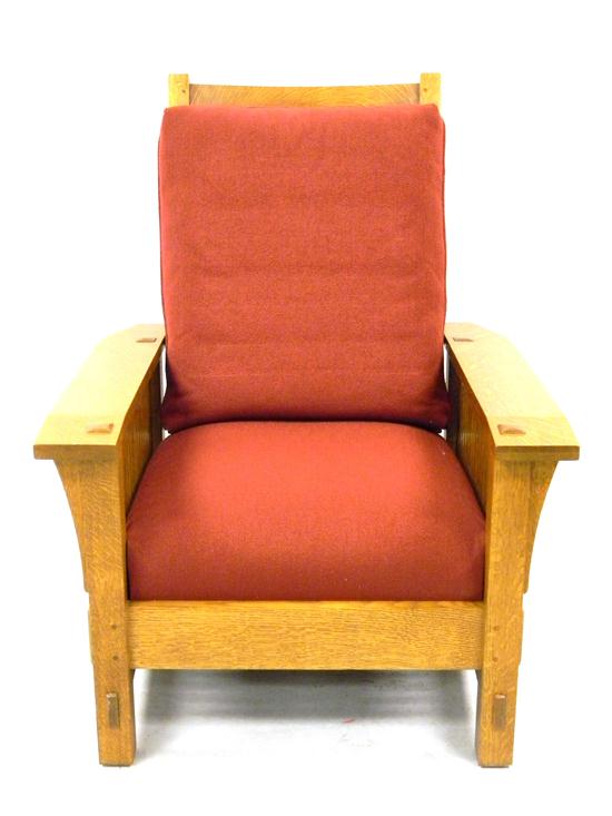 Appraisal: Contemporary Stickley ''Spindle Morris Chair'' drop-front armchair oak four slat