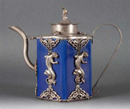 Appraisal: Chinese silver-mounted blue glazed porcelain wine jug early th century