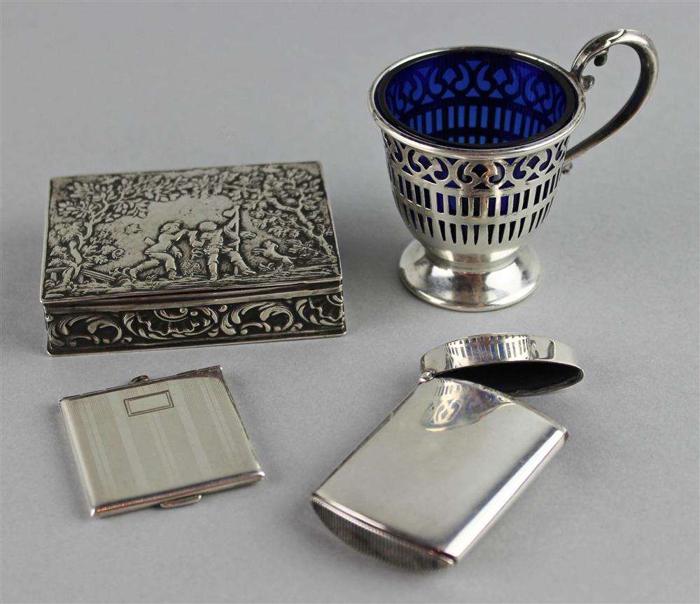 Appraisal: CONTINENTAL SILVER SNUFF BOX A LOCKET PICTURE FRAME A MATCHSAFE