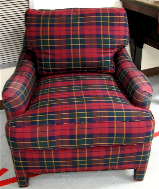 Appraisal: Overstuffed plaid upholstered armchair red green and black cushioned back