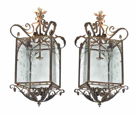 Appraisal: A Pair of Wrought Iron Tole and Etched Glass Lanterns