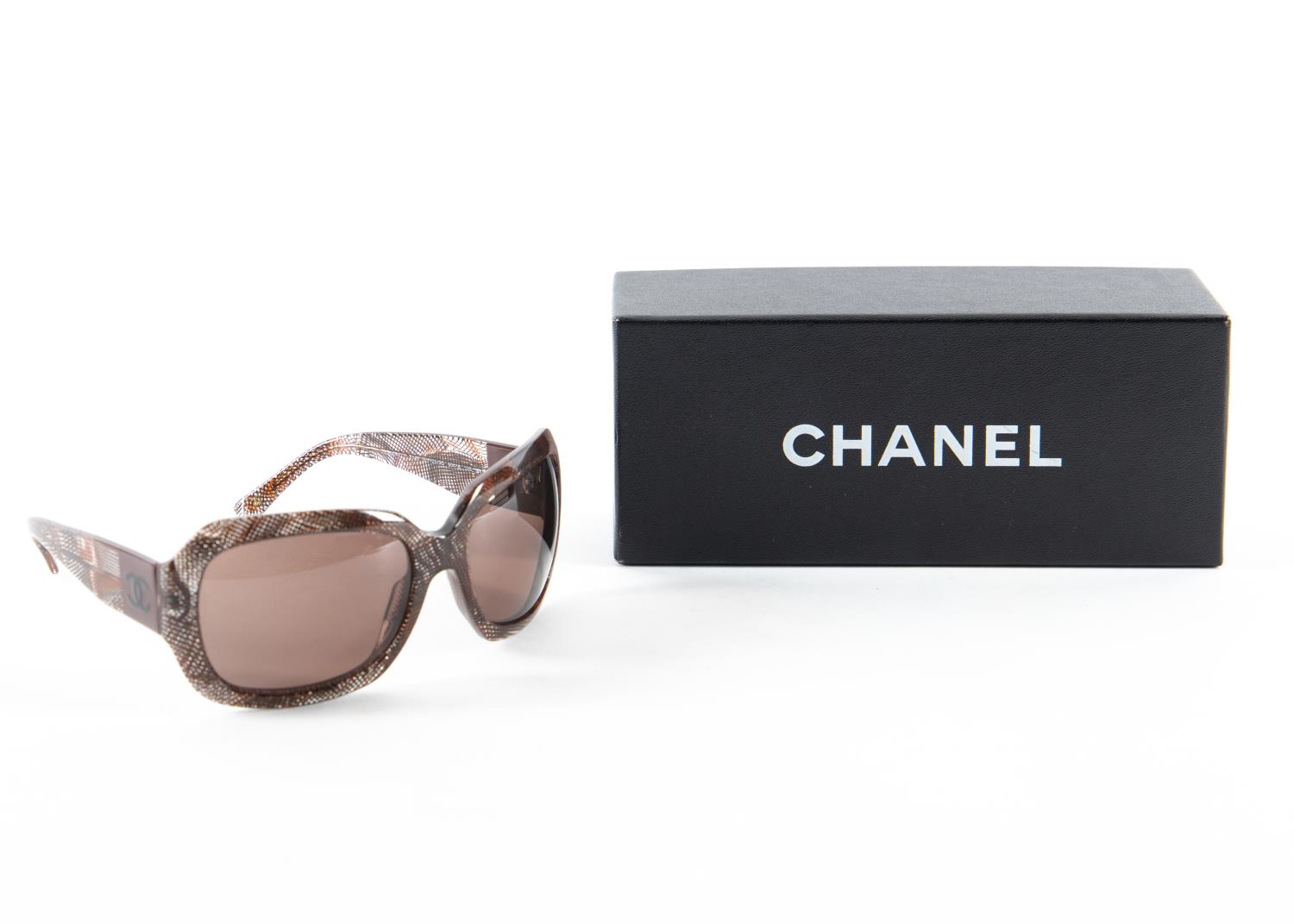 Appraisal: CHANEL BROWN PATTERNED SUNGLASSES W BOX Chanel brown patterned sunglasses