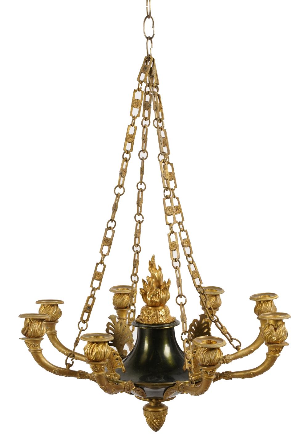 Appraisal: EMPIRE-STYLE GILT METAL CHANDELIEReight lights not wired for electricity inches