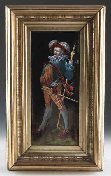 Appraisal: French Limoges enamel on copper plaquedepicting a cavalier with sword