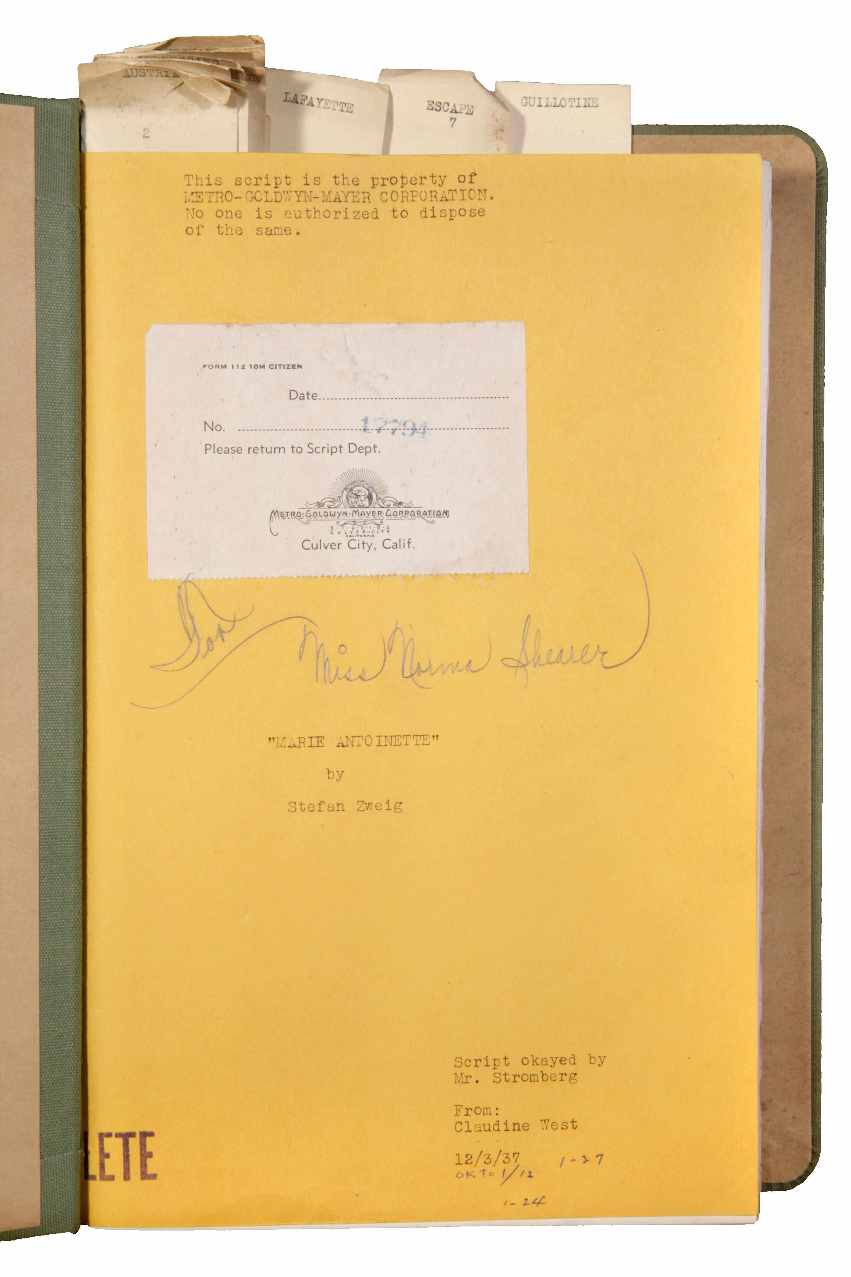 Appraisal: Norma Shearer Marie Antoinette script A bound MGM script department