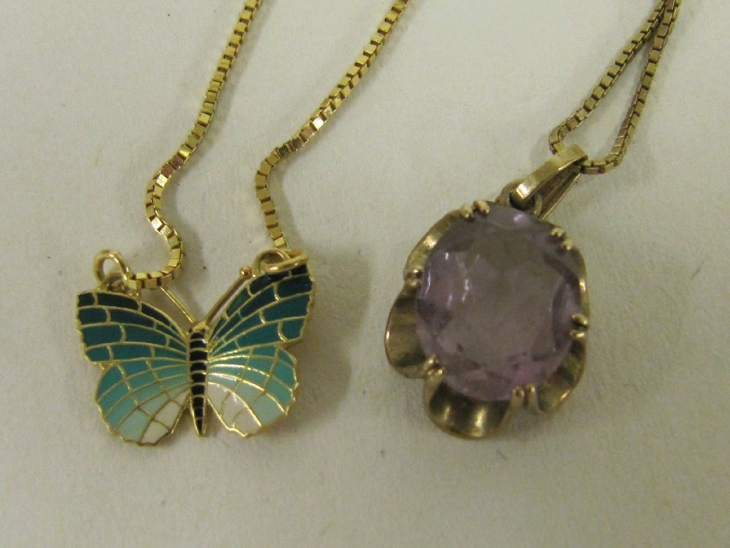 Appraisal: Lot comprising ct gold and enamel butterfly pendant necklace and