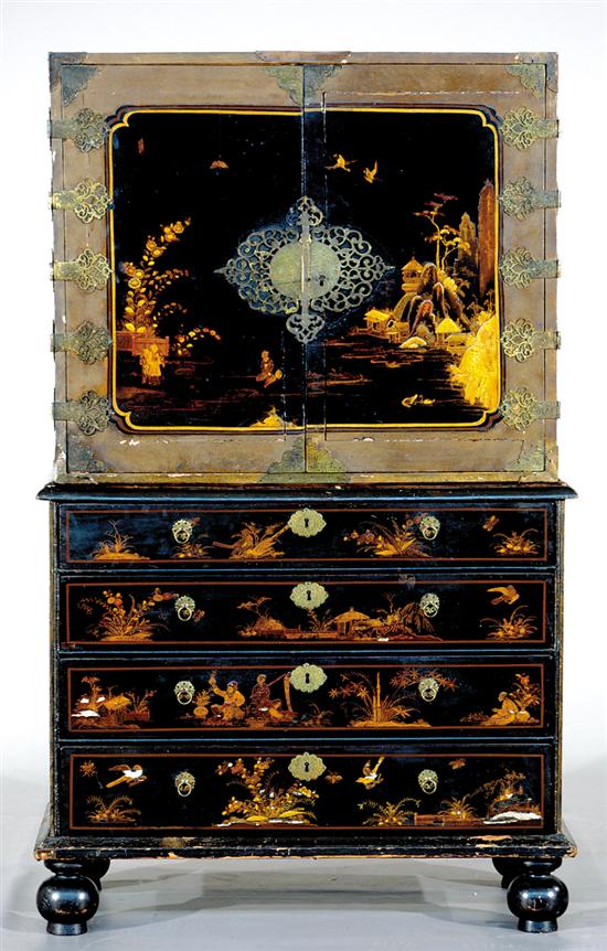 Appraisal: William and Mary chinoiserie cabinet on chest th century cabinet