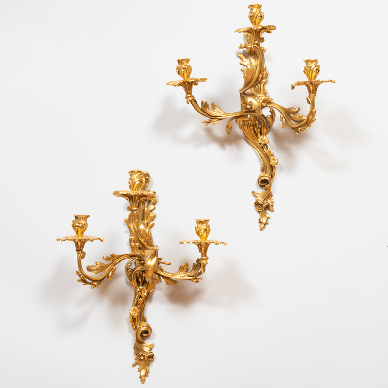 Appraisal: PAIR OF LOUIS XV STYLE GILT-METAL THREE-LIGHT SCONCES x x