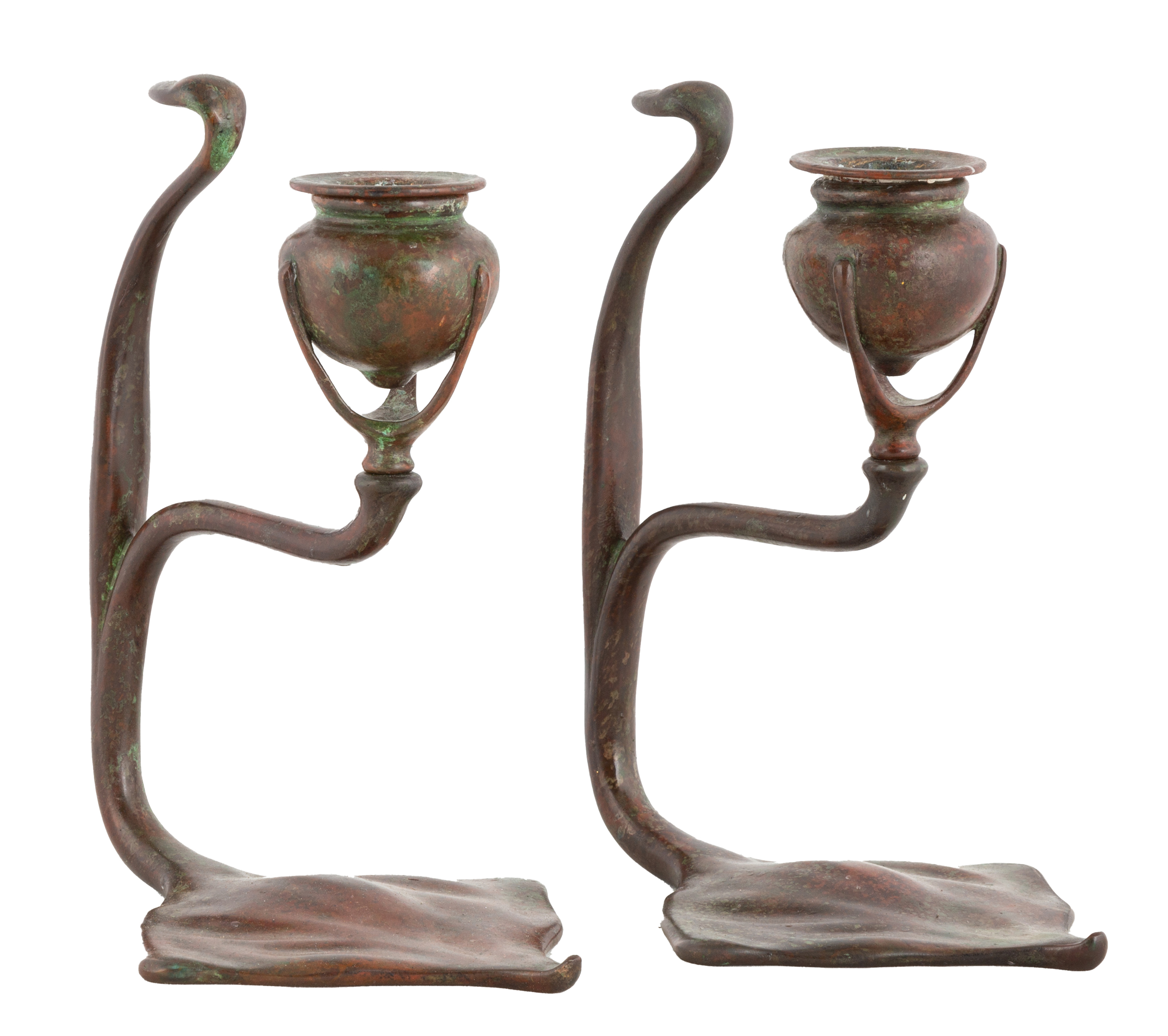 Appraisal: PAIR OF TIFFANY STUDIOS NEW YORK COBRA CANDLESTICKS Early th