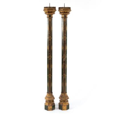 Appraisal: A pair of Gothic Revival octagonal column candlesticks the pricket