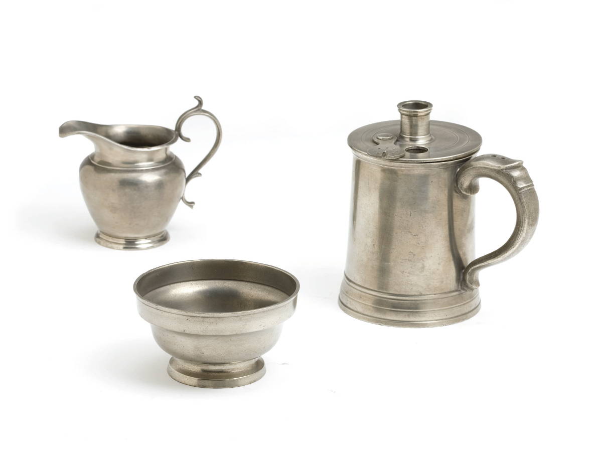 Appraisal: ENGLISH PEWTER INFUSION POT CIRCA - A CREAM POT AND