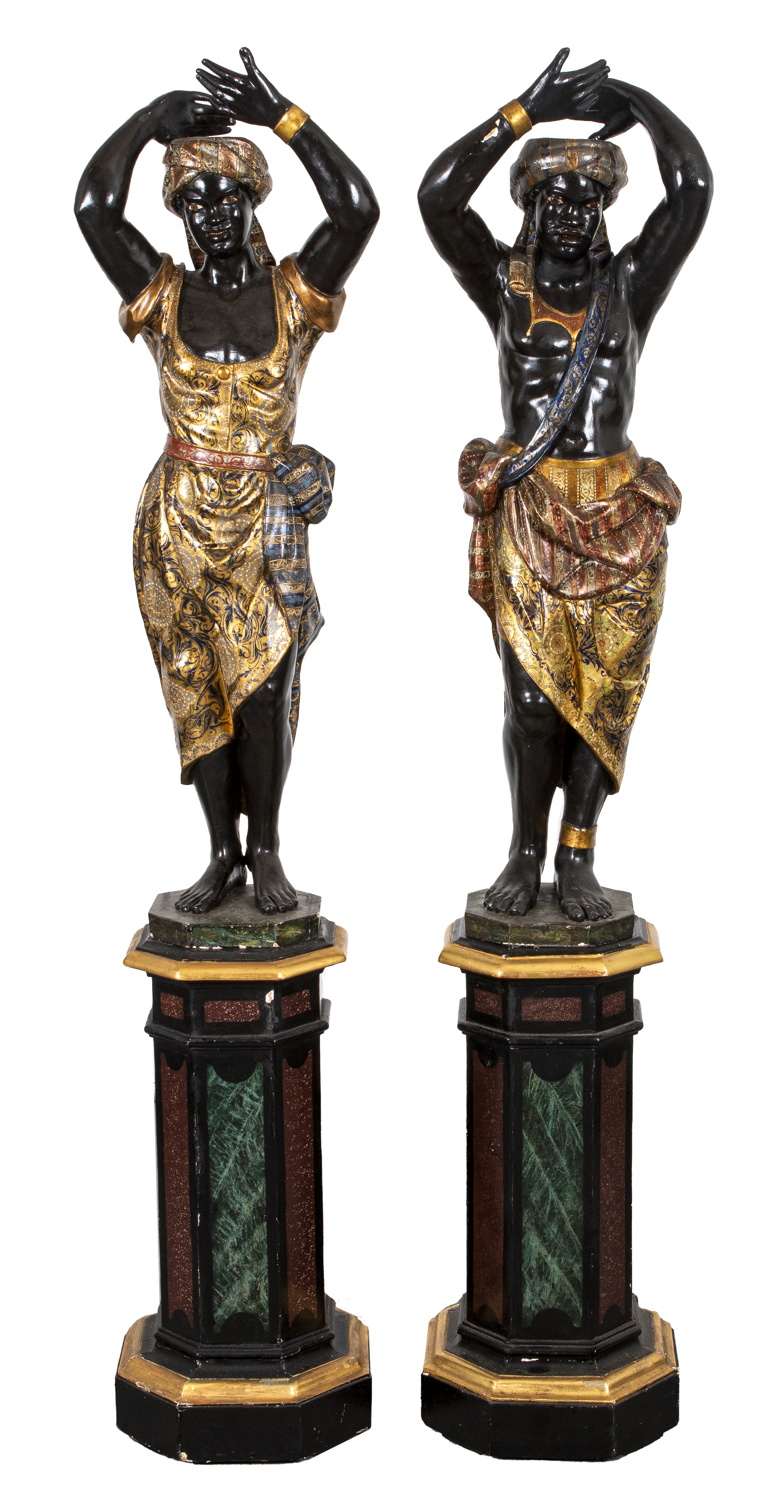 Appraisal: VENETIAN CARVED PAINTED BLACKAMOOR SCULPTURES Venetian carved gessoed parcel gilt