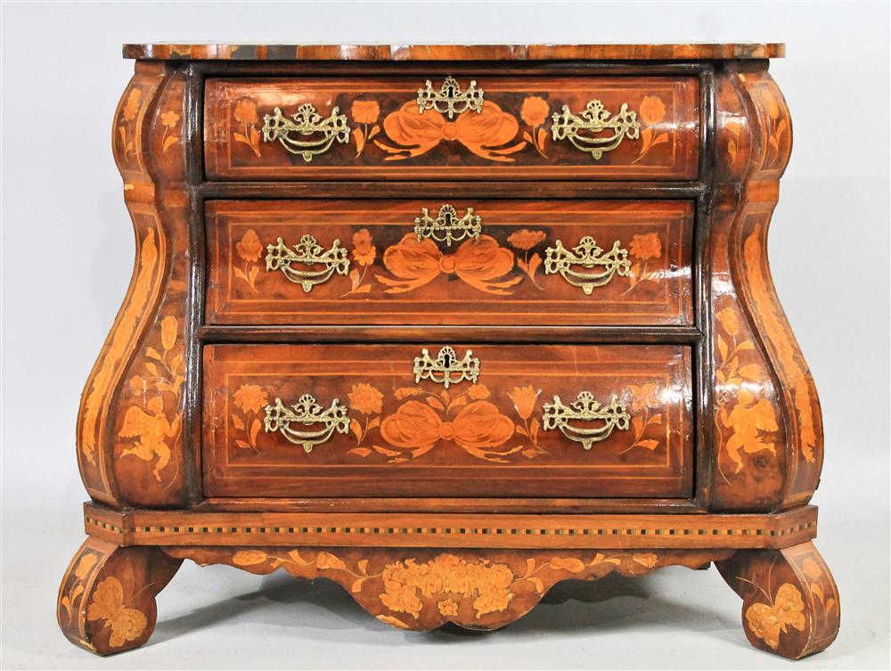 Appraisal: CONTINENTAL BAROQUE STYLE MARQUETRY BOMBE CHEST OF DRAWERS having a