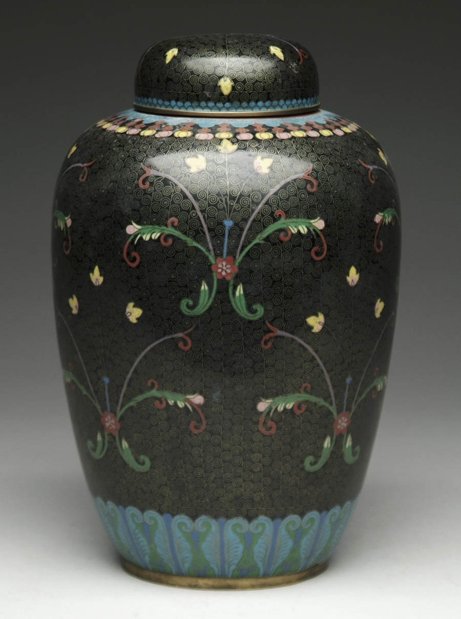 Appraisal: COVERED CLOISONN TEMPLE JAR Slightly tapering form with a dome