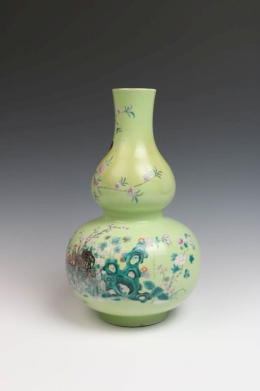 Appraisal: FAMILLE ROSE LIME GREEN DOUBLE GOURD VASE REPUBLICAN PERIOD Of