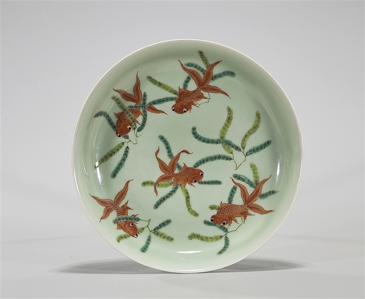 Appraisal: Chinese celadon round enameled porcelain dish with six fish and