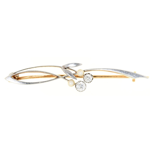 Appraisal: A diamond and cultured pearl brooch in two colour gold