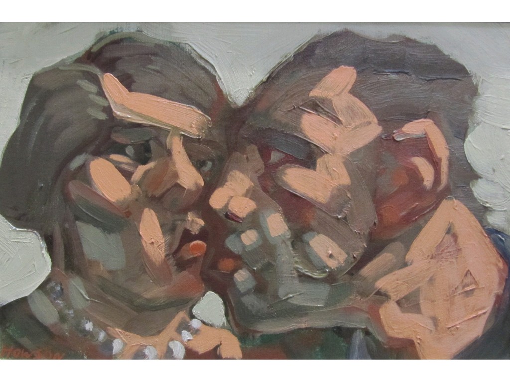 Appraisal: PETER HOWSON b Oil on canvas 'The Kiss' signed x