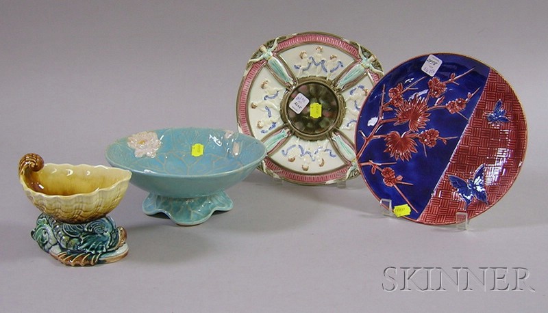 Appraisal: Four Majolica Ceramic Items including two Wedgwood plates a floral-decorated