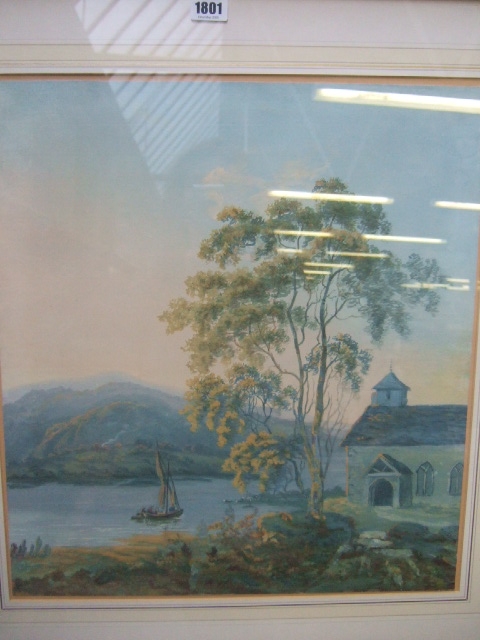 Appraisal: Attributed to John Laporte - A lakeside church watercolour and