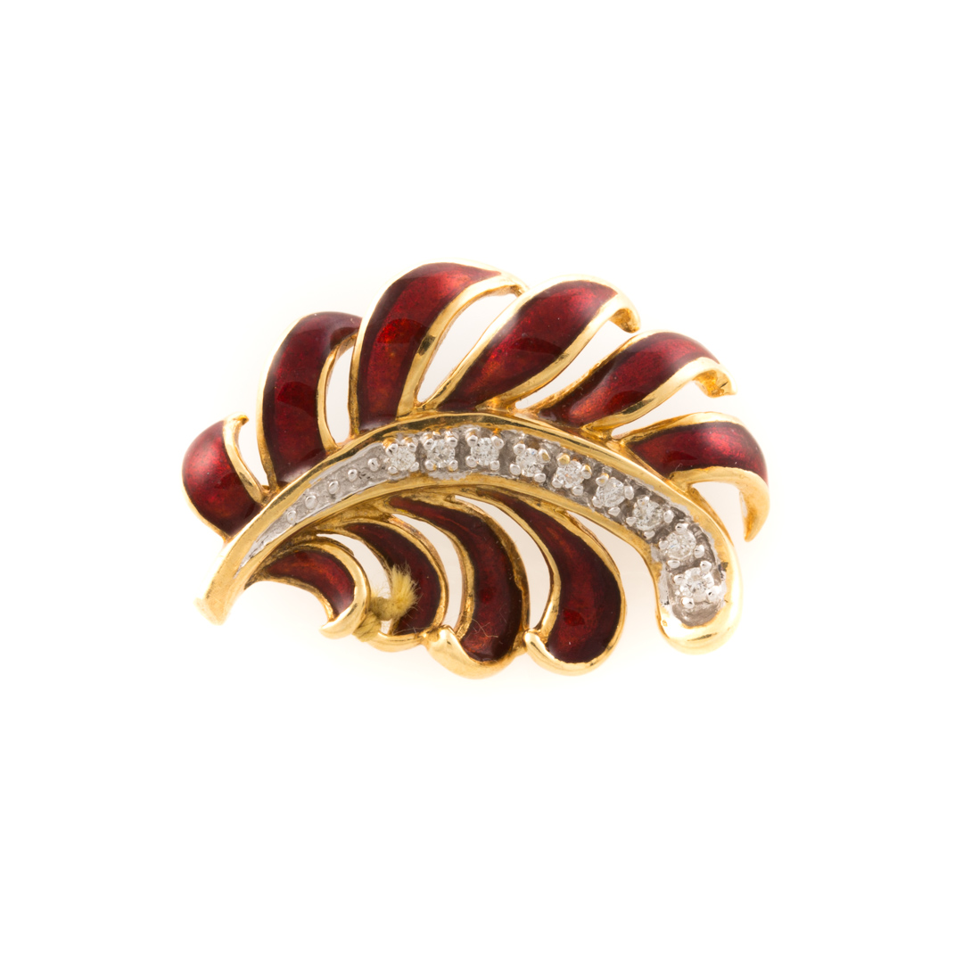 Appraisal: An K Red Enamel Diamond Feather Pin K yellow gold