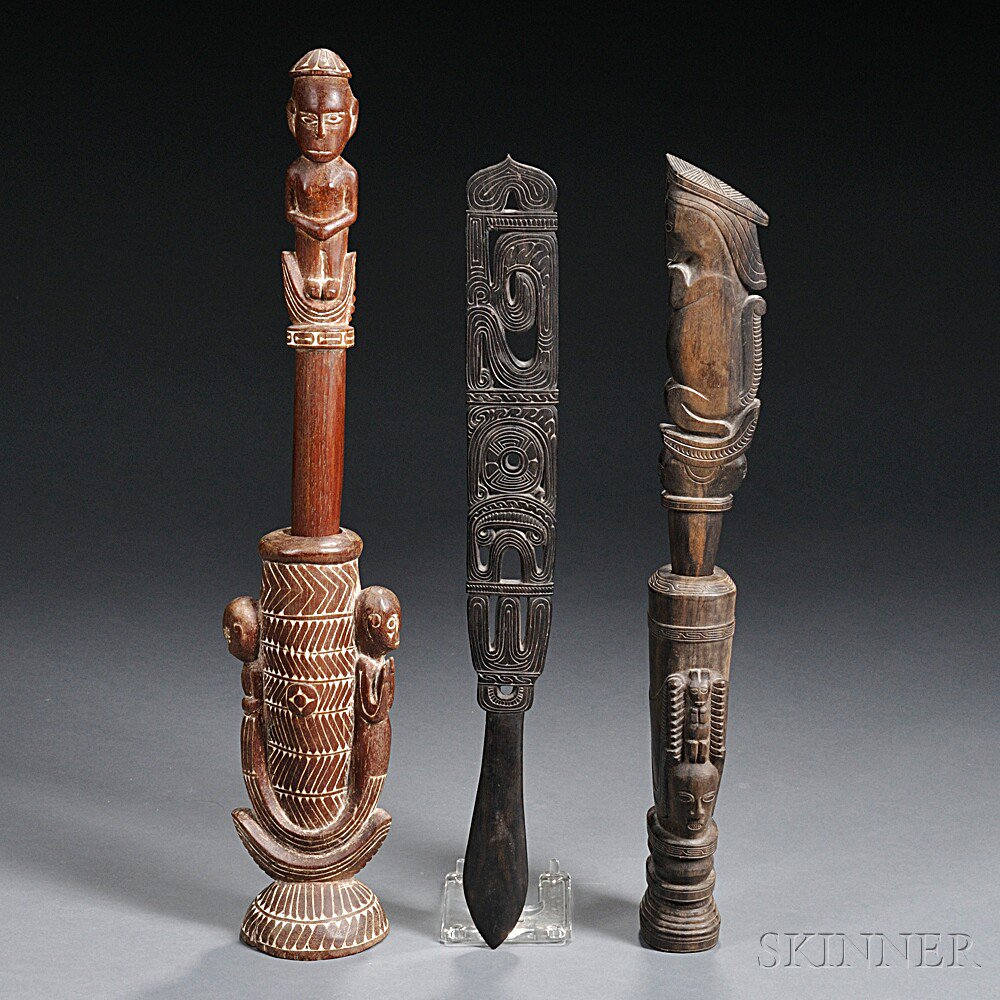 Appraisal: Three Melanesian Carved Wood Items two elaborate Betel mortar and