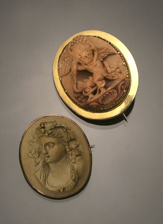 Appraisal: Two Victorian Yellow-Gold and Lava Cameo Brooches Last Half th