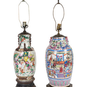 Appraisal: Two Chinese Famille Rose Vases Mounted as Lamps Height of