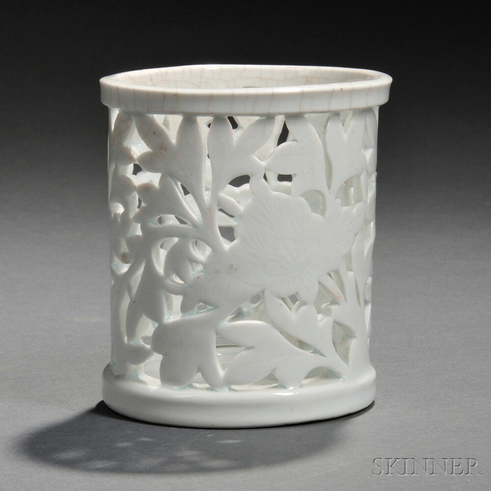 Appraisal: Blanc-de-Chine Brush Holder China Qing Dynasty decorated with peony spray