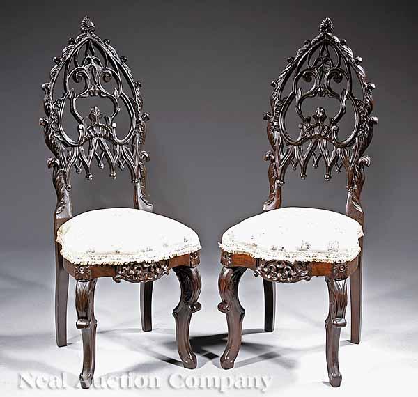 Appraisal: An Interesting Pair of American Gothic Carved Walnut Slipper Chairs