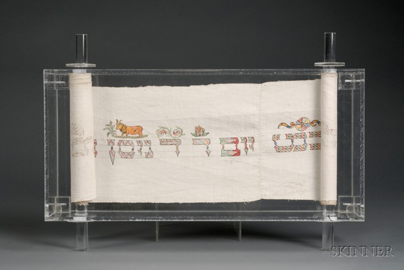 Appraisal: Painted Linen Torah Binder Wimpel Alsace-Lorraine c with bold decoration