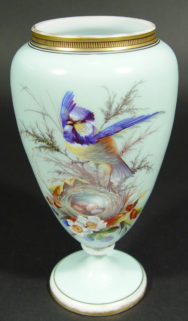 Appraisal: Victorian eggshell blue glass vase finely enamelled with a bird