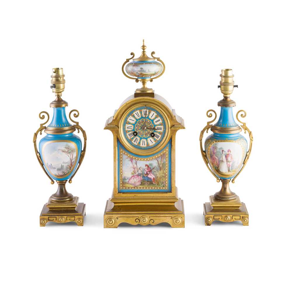 Appraisal: FRENCH PORCELAIN AND GILT METAL CLOCK GARNITURE TH CENTURY the