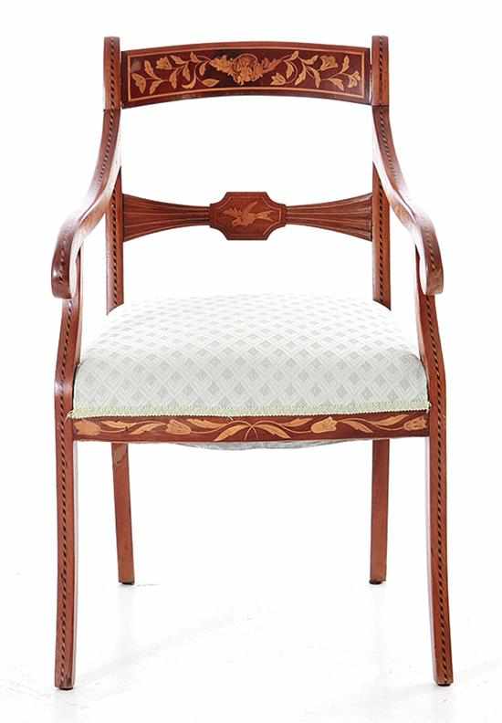 Appraisal: Dutch marquetry inlaid mahogany armchair early-mid th century curved crest