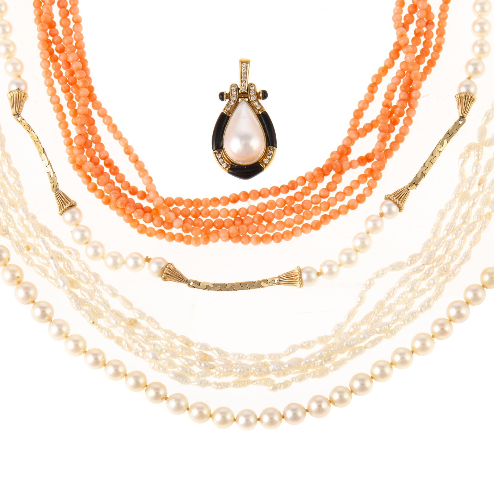 Appraisal: A COLLECTION OF CORAL PEARL NECKLACES Five-strand coral beaded necklace