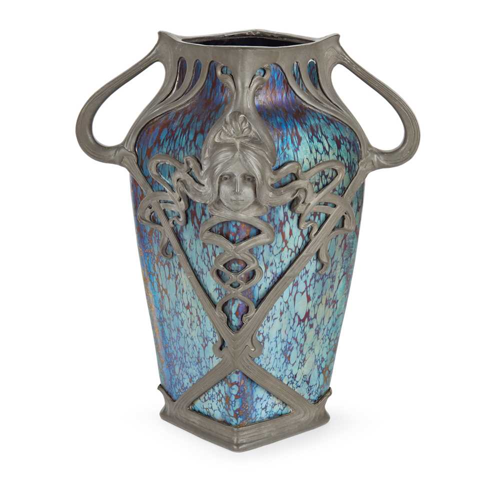 Appraisal: LOETZ AUSTRIA JUGENDSTIL TWIN-HANDLED VASE CIRCA iridescent glass with pewter