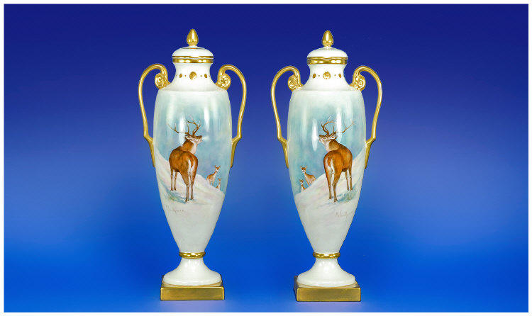 Appraisal: Matching Pair of Two Handled Vases with Covers signed M