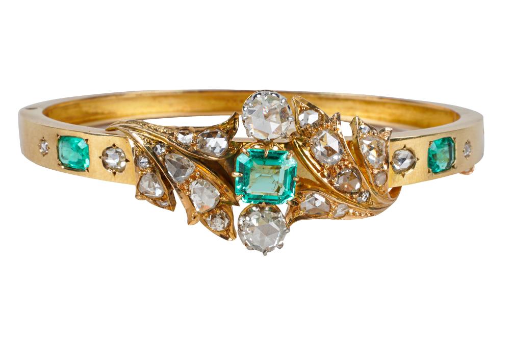 Appraisal: VICTORIAN KARAT GOLD DIAMOND EMERALD BANGLE BRACELETcontaining three cut corner