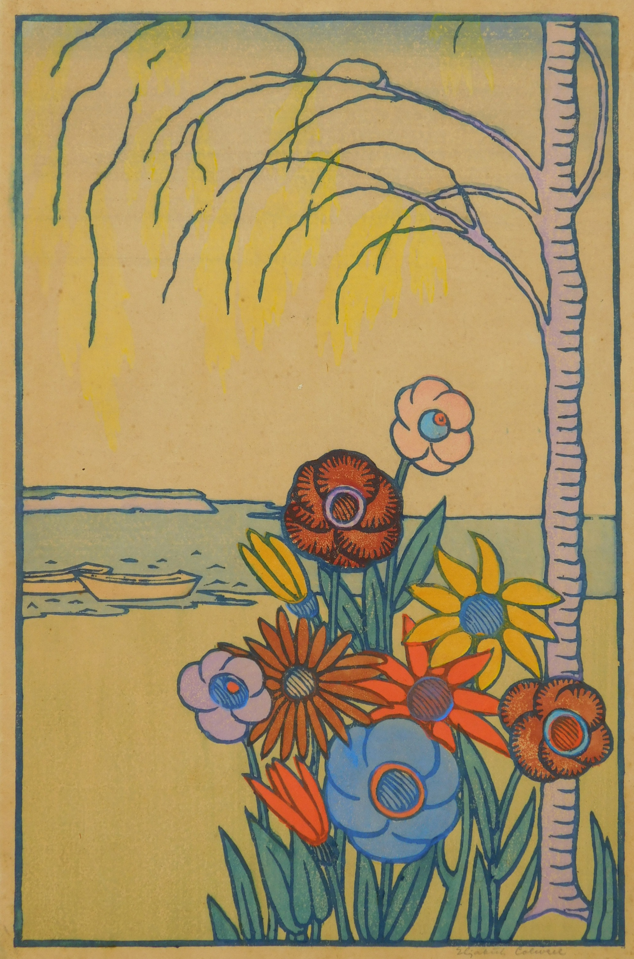 Appraisal: Elizabeth Colwell - Flowers and Sea''- woodcut in color slight