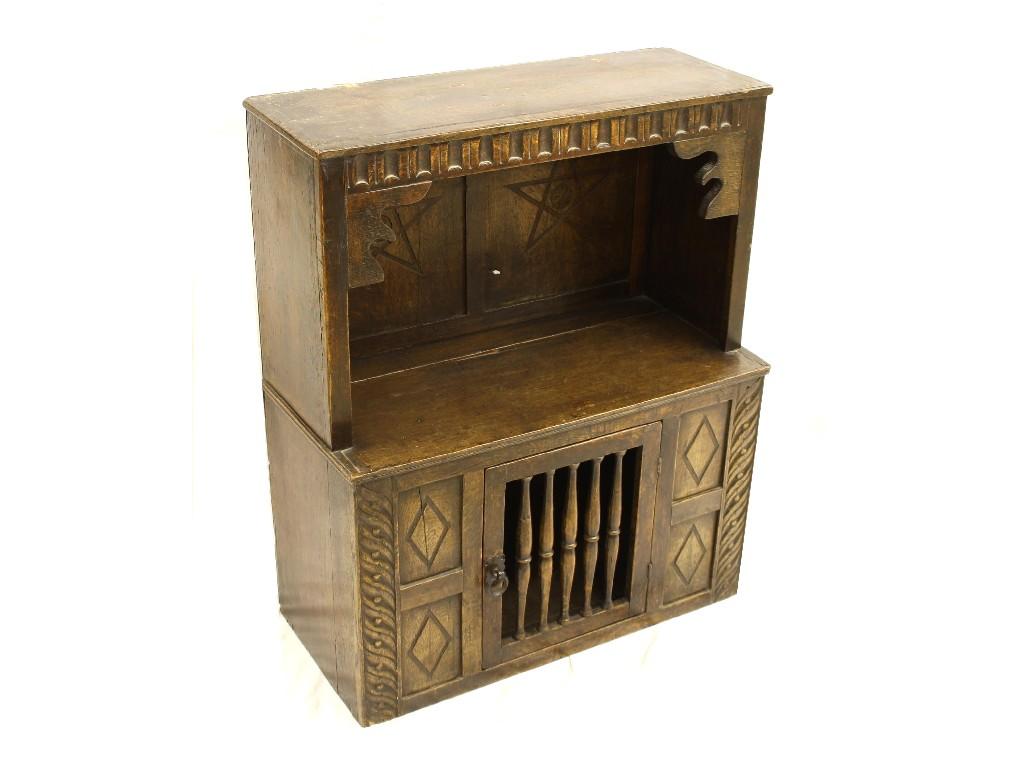 Appraisal: Antique style oak food cupboard the top with arcaded frieze