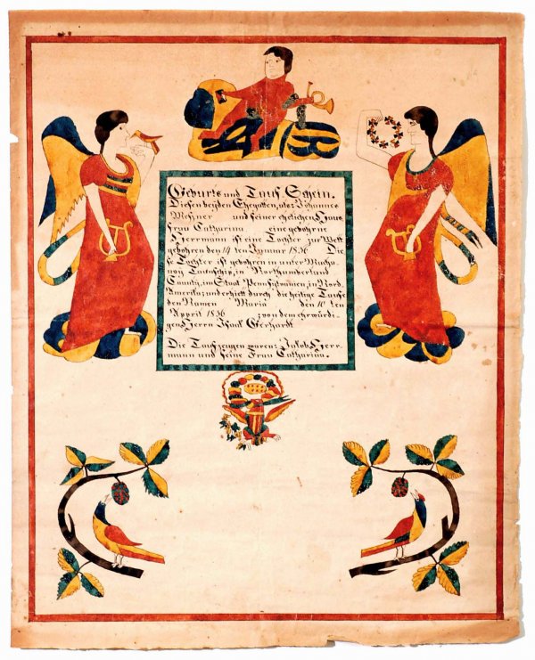 Appraisal: A handpainted Pennsylvania fraktur by the Mahantongo Valley Artist active