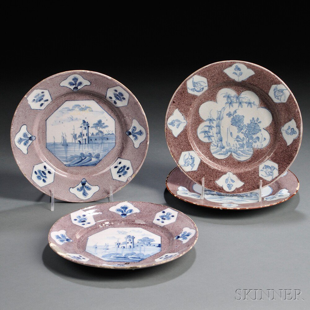 Appraisal: Four Powder Manganese and Blue Decorated Delft Plates th century