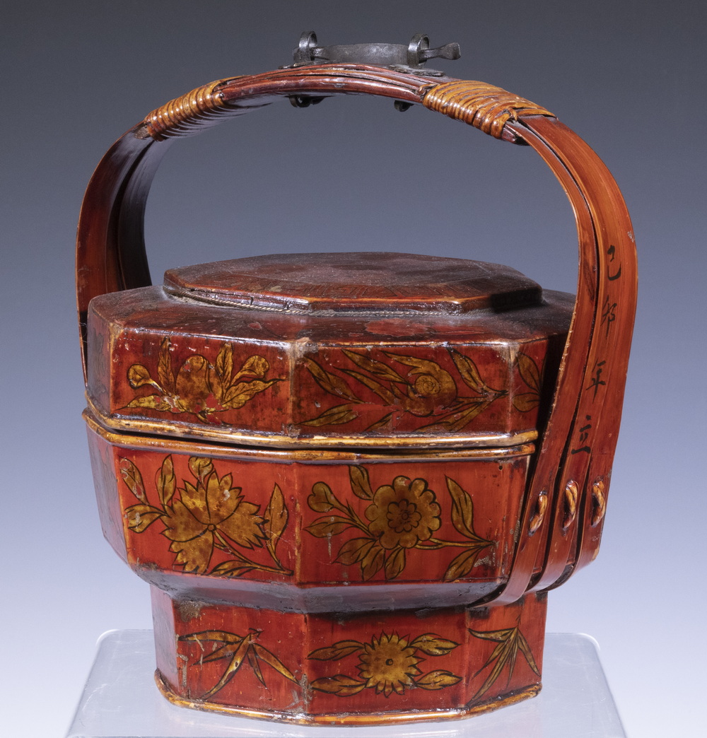 Appraisal: CHINESE LACQUERED BAMBOO FOOD CARRIER Octagonal Lacquered Wooden Wedding Box