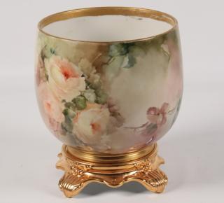 Appraisal: FRENCH FLORAL PAINTED LIMOGES JARDINIERE ON GOLD GILT STAND H