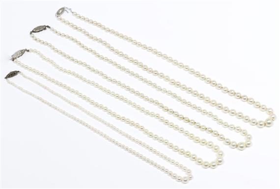 Appraisal: LOT OF FOUR PEARL NECKLACES ca Clasps in silver Four