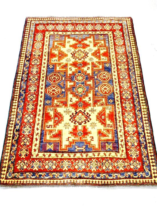 Appraisal: Modern Afghan-Caucasian blue red cream with green and gold highlights