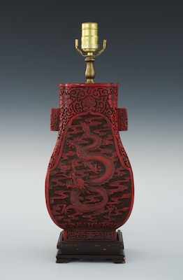 Appraisal: A Vintage Chinese Carved Cinnabar Hu Form Lamp Base Apprx