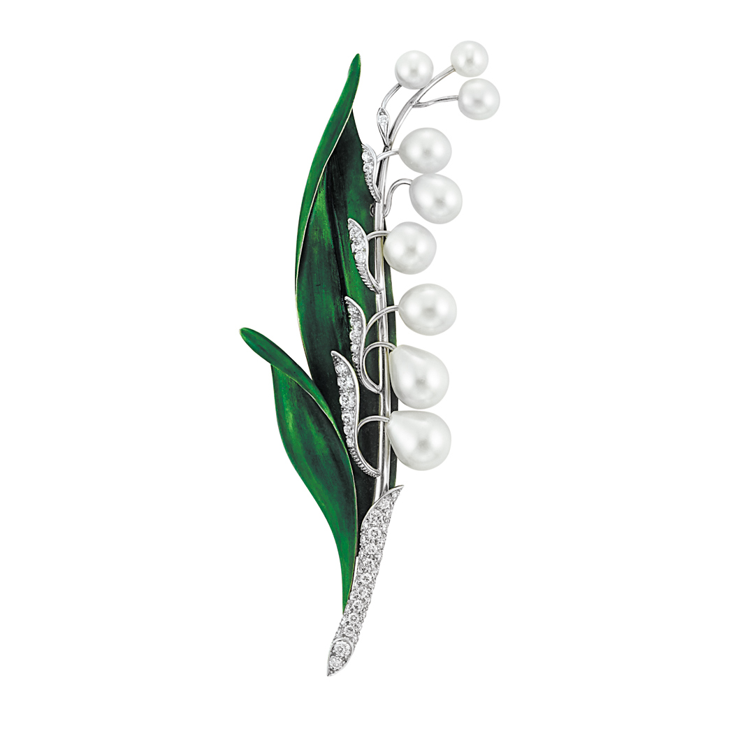 Appraisal: Platinum Natural Pearl Diamond and Green Enamel Lily of the