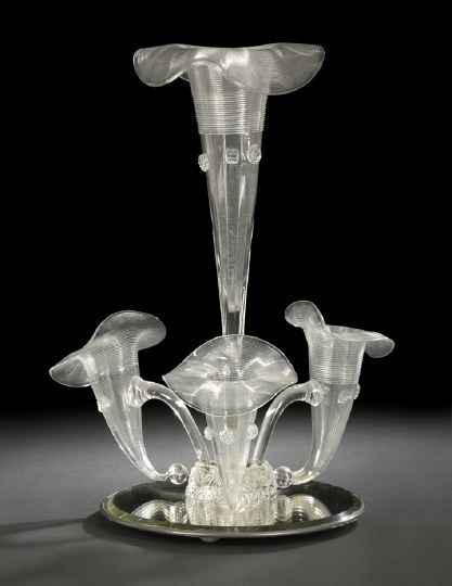 Appraisal: Attractive English Colorless Threaded and Mirrored Glass Four-Trumpet Epergne fourth